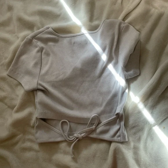 white Ribbed Top with Drawstring - Picture 2 of 4